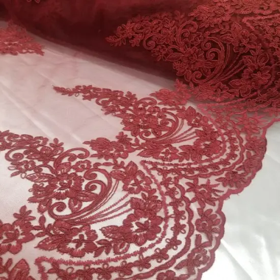 1 Yard Burgundy French Floral Mesh Lace Fabric for Bridal Gowns and D&eacute;cor 50/54 Inch Width {2}
