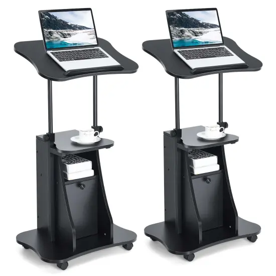 Costway 2 PCS Mobile Podium Stand Office Laptop Cart with Storage Adjustable Height White/Black {8}