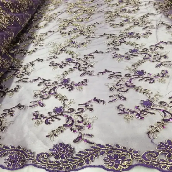 1 Yard Purple Metallic Flowers Sequins Mesh Lace Fabric for Tablecloths and Costumes Wide 54'' inch {4}