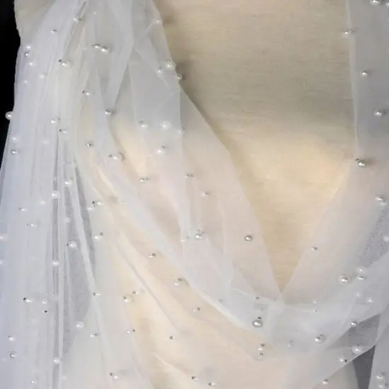 1 Yard White Pearl Mesh Lace Fabric Bridal Wedding Dress Sequin Beaded French Tulle 150 cm {2}