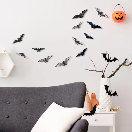 24 Pcs Halloween Wall Decals 3D Halloween Bat Wall Stickers Decor Scary Black {2}