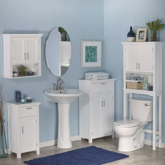 White Bathroom Wall Cabinet with Adjustable Shelf Drawer and Open Storage Cupboard {3}