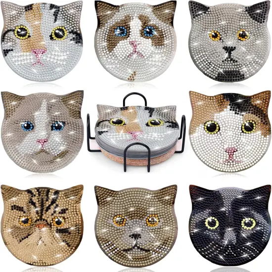 8 Pieces Diamond Painting Coasters Kit with Holder(Cat Style) {1}