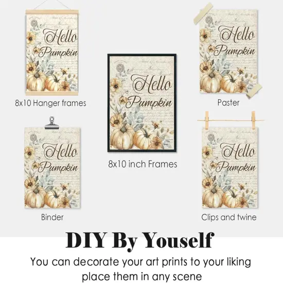Hello Pumpkin Fall Wall Art Prints Set of 4 - Vintage Elegant Pumpkin {5}