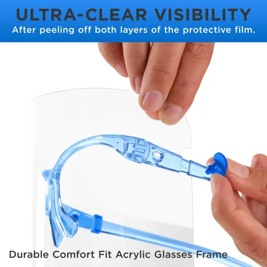 Safety Face Shields with Blue Glasses Frames (Pack of 10) - Ultra Clear Protective Full Face Shields to Protect Eyes Nose Mouth - Anti-Fog PET Plastic {5}