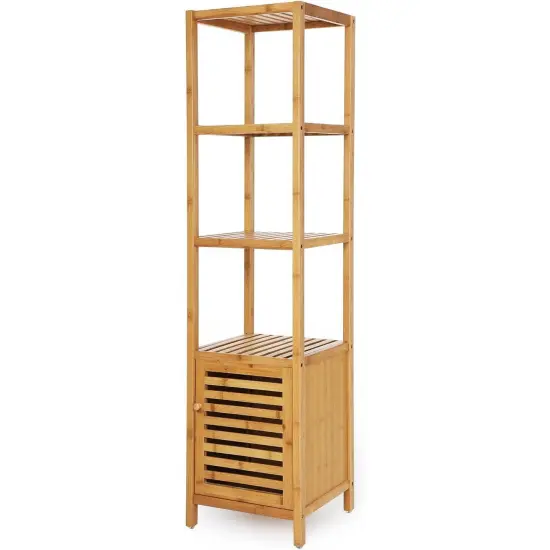 Slim 3-Shelf Bamboo Wood Bookcase Shelving Unit with Bottom Storage Cabinet {5}