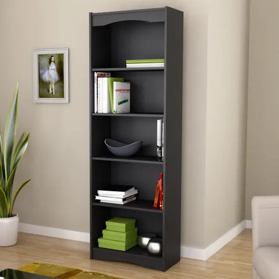 Modern 5-Tier Black Bookshelf with Adjustable Shelves and Curved Frame for Living Room or Office {3}