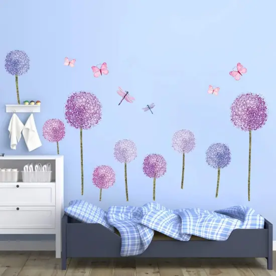Purple Dandelions Wall Stickers Butterflies Flower Wall Decals {3}