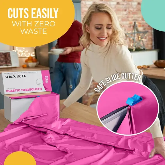 Exquisite Party Solids 54" x 100' Plastic Table Cover Roll with Slide Cutter &ndash; Cut-to-Size Dispenser Box &ndash; Makes Up to 36 Disposable 8' Rectangle Tablecloths Hot Pink {6}