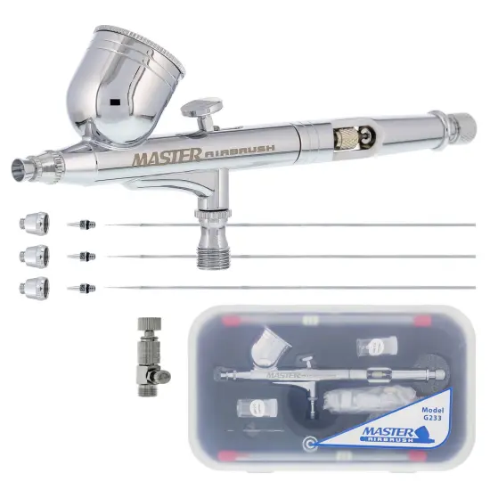 G233 Airbrush Pro Set with 3 Nozzle Sets (0.2, 0.3 & 0.5mm Needles, Fluid Tips & Air Caps) - Dual-Action Gravity Feed with 1/3oz Cup & Cutaway Handle {1}