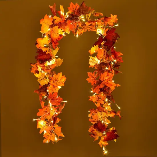 2 Pack Fall Vine Garland with 16.4Ft 40 LED String Light, 5.9Ft Maple Leaf Artificial {1}