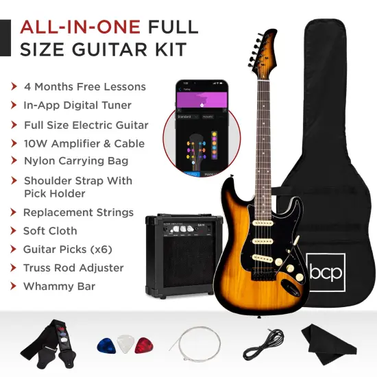 Best Choice Products 39in Full Size Beginner Electric Guitar Kit with Case, Strap, Amp, Whammy Bar Sunburst {3}