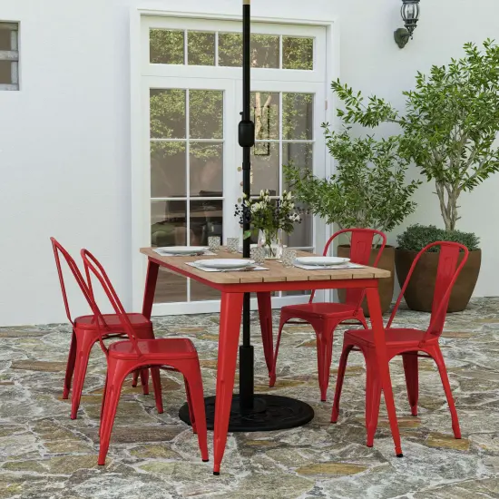 Merrick Lane Dryden Indoor/Outdoor Dining Table with Umbrella Hole, 30" x 60" All Weather Poly Resin Top and Steel Base Brown Top/Red Frame {1}