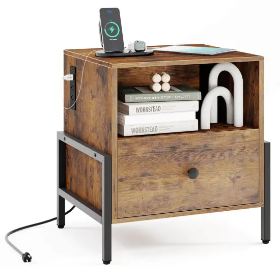 Costway Set of 1/2 Nightstand with Charging Station Bedside Table with Storage Shelf Side Table {1}