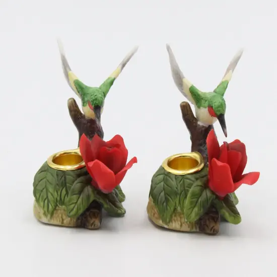 Ceramic Mini Hummingbird with Red Rose Flower Candle Holder (Set of 2), Birdwatcher Gift, Home Decor, Table Decor, Gift for Her, Gift for Mom {3}