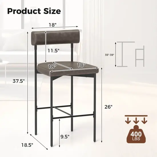 Costway 26" Upholstered Bar Stools Set of 2 with Padded Cushion & Backrest Footrest Brown/Gray {3}