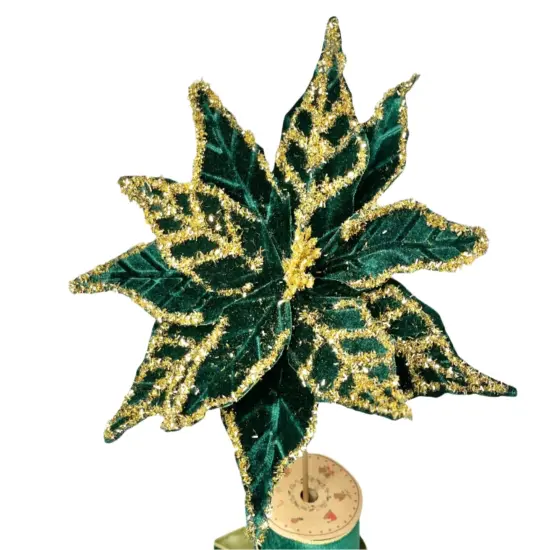 Green and Gold Glittered Poinsettia Christmas Flower Stem Spray 13'' Set of 3 {2}