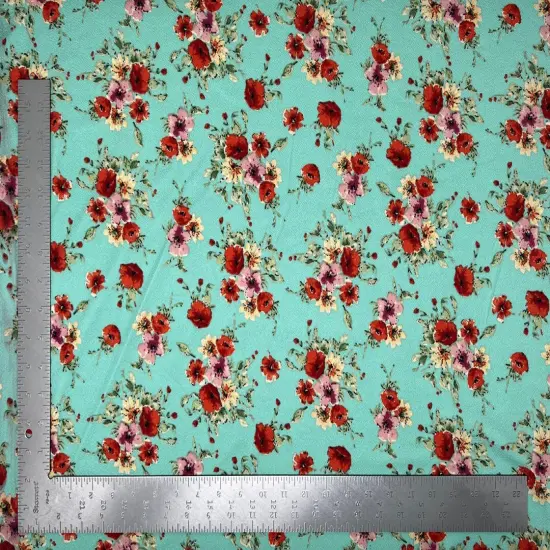 1 Yard Liverpool Knit Floral Print Fabric Stretch Crepe Texture Floral Knit for Sewing and Apparel 58"-60" Width Black/Coral {2}