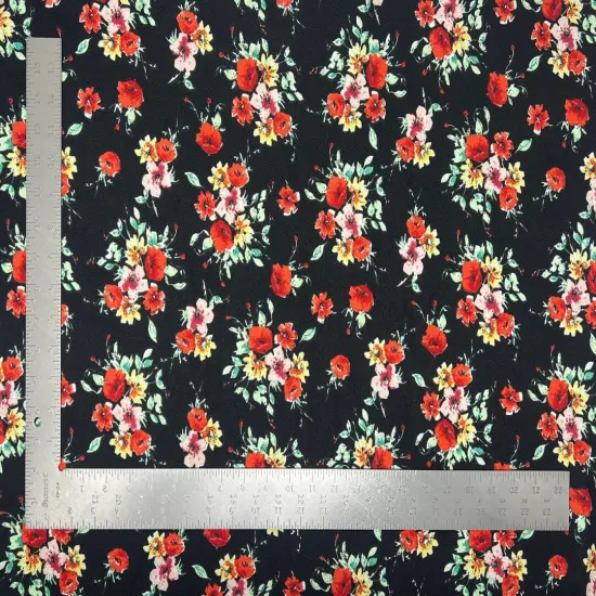 1 Yard Liverpool Knit Floral Print Fabric Stretch Crepe Texture Floral Knit for Sewing and Apparel 58"-60" Width Black/Coral {5}