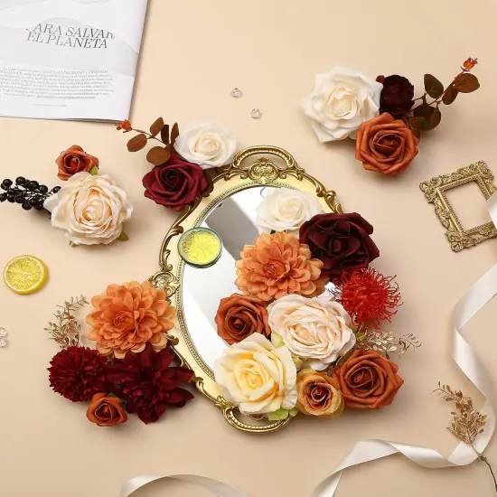 Artificial Flowers Orange Burgundy Combo Box Set {2}