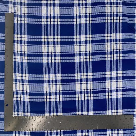 1 yard DTY brushed knit plaid print fabric soft stretchy material for tops skirts and scarves 60 inches Royal Blue/Ivory {1}