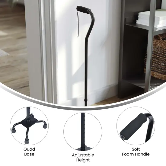 Emma and Oliver Ramsey Height Adjustable Quad Cane with Foam-Padded Handle for Comfortable Grip and Stable, Four-Pronged Base for Left or Right-Handed Users Black {3}