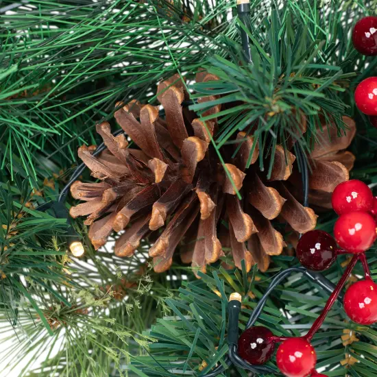 Northlight Pre-Lit Battery Operated Mixed Pine and Berries Christmas Wreath - 24" - Warm White LED Lights Green {5}