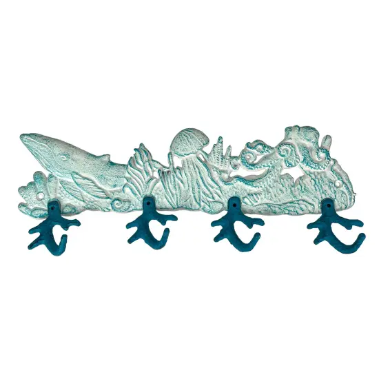 Cast Iron Sealife Plaque with Coral Hooks - Coastal Wall Decor {1}