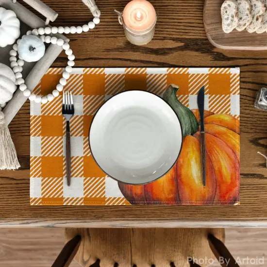Set of 4 Hello Fall Pumpkin Maple Leaves Placemats - 12 x 18 Inch (Orange) {2}
