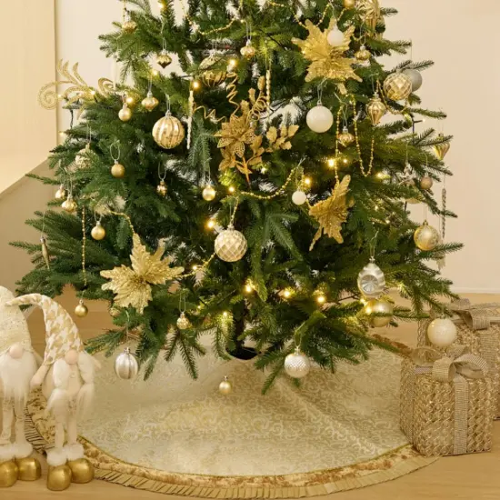 Luxury Gold and White Christmas Tree Skirt, 48-Inch Elegant Velvet & Brocade Holiday Tree Base Cover with Pleated Trim {6}