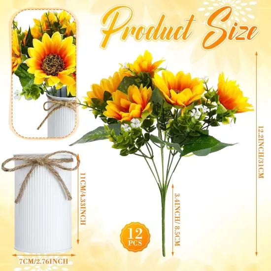 Summer Floral Arrangement - 12 Sets Artificial Sunflowers with Metal Pots, Rustic Faux Flowers for Table Centerpieces and Home Decor {2}