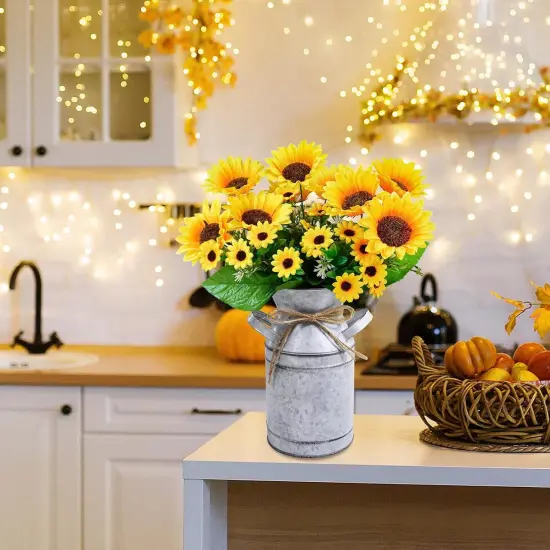 Summer Farmhouse Sunflowers &ndash; 13" Metal Milk Jug with Artificial Sunflower Bunches for Rustic Home & Kitchen Decor Floral Arrangements {5}