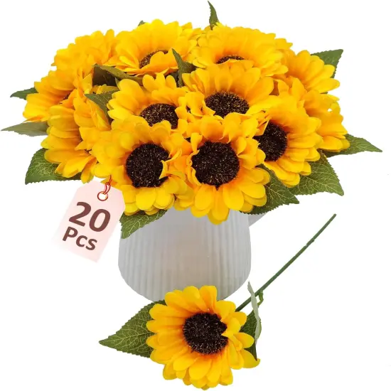 20 Pcs Bright Yellow Summer Sunflowers with Stems &ndash; Artificial Silk Blooms for DIY Home & Garden Projects Floral Arrangements {1}