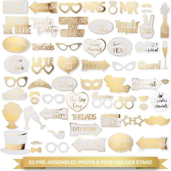 60PCs Fully Assembled Wedding Photo Booth Props - Prop Stand - Gold Signs - Elegant Wedding & Reception Party Supplies- Funny Wedding Props -Gold Foil Print &ndash; Bridal PhotoBooth {4}