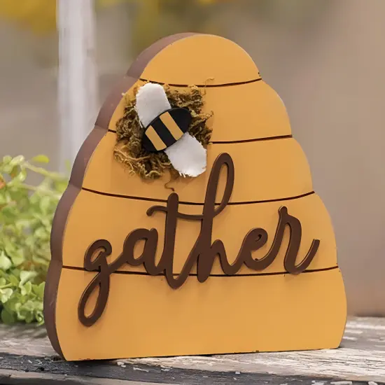 Wood Beehive Sitter with Bumblebee Accent, Freestanding Rustic Decor {2}