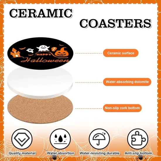 4Pcs Halloween Coasters Orange Black Round Ceramic Coaster Trick {3}