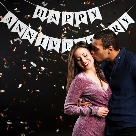 White Happy Anniversary Banner, Happy Anniversary Banner Sign {3}
