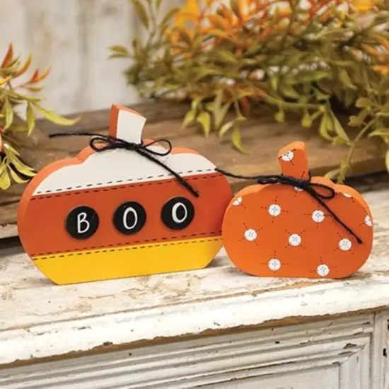 2/Set Chunky Wood Pumpkin Sitters with Bows for Halloween Shelf Display {2}
