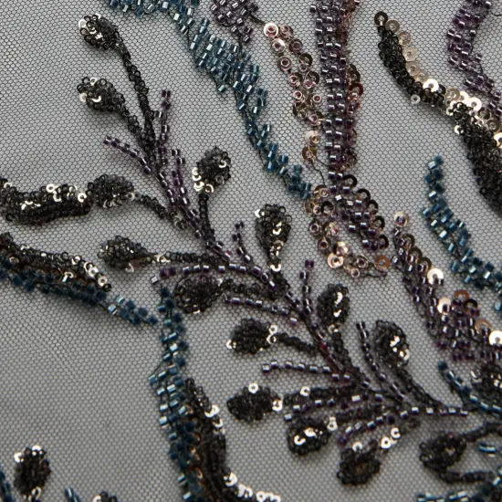 1 Yard Embroidered Lace Fabric Beaded & Sequined with Rich Design, 50/52&Prime; Wide Black Blue {1}
