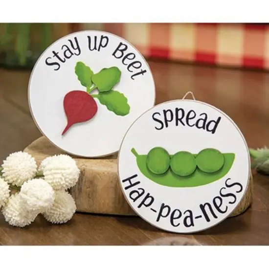 4" Mini Round Wood Signs with Easel Stand Cute Beet and Pea Pun Decor for Kitchen or Shelf 2 Asstd. {4}