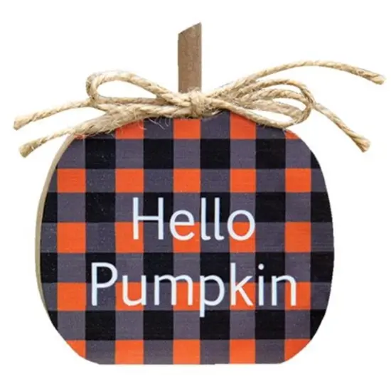 2 Asstd. Orange Buffalo Check Wooden Pumpkin Block for Fall Shelf Decor {4}