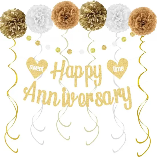 Happy Anniversary Decorations &ndash; Gold Banner, Pom Poms, Swirls & Garland {1}