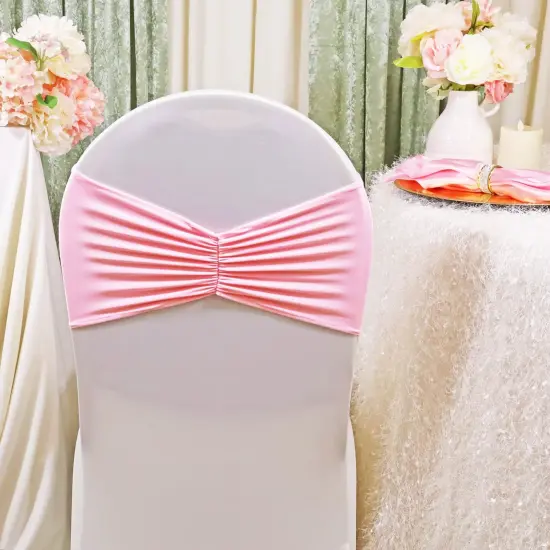 10 Pieces Pink Ruffled Spandex Chair Bands for Charming Event Decor 8x13 inches {2}