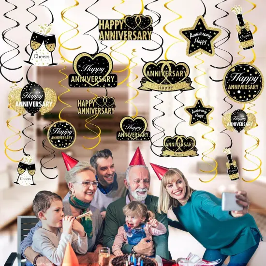 16Pcs Happy Wedding Anniversary Hanging Swirls Decorations - Black Gold {5}