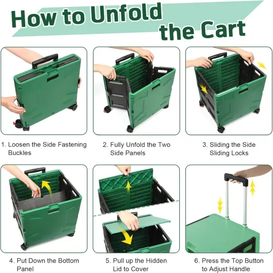 Folding Utility Cart Rolling Crate Handcart with Durable Heavy Duty Plastic Telescoping Handle Collapsible Hidden Lid 4 Rotate Wheels for Travel Shop Move Office Teacher Use(Dark Green&Black) {4}