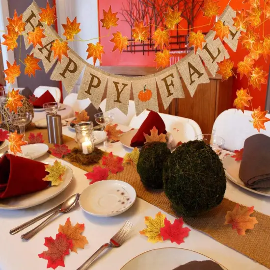 Happy Fall Pumpkin Burlap Banner and Maple Leaf {3}