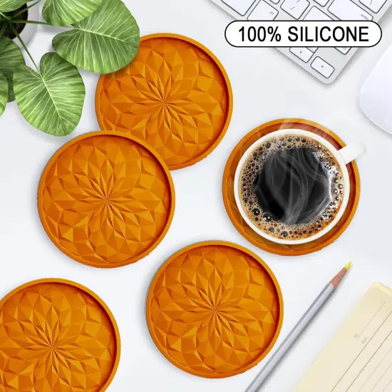 6 Silicone Coasters with Holder - Orange {2}