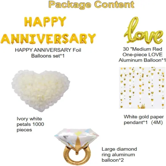 White and Gold Anniversary Decorations - Balloons, Banner, Rose Petals {5}