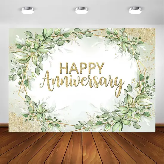 Happy Anniversary Backdrop - Sage Green Leaves Banne(7x5ft) {1}