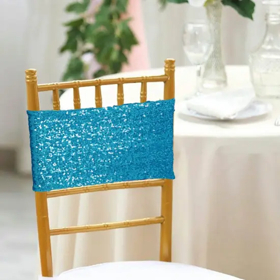 10 Pieces Shimmering Turquoise Sequin Spandex Chair Bands 7 x 13 Inches {3}